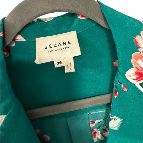 Sezane 4 Elisa 100% Silk Pajama Blouse Floral White Piping Covered Buttons Green - Picture 8 of 8